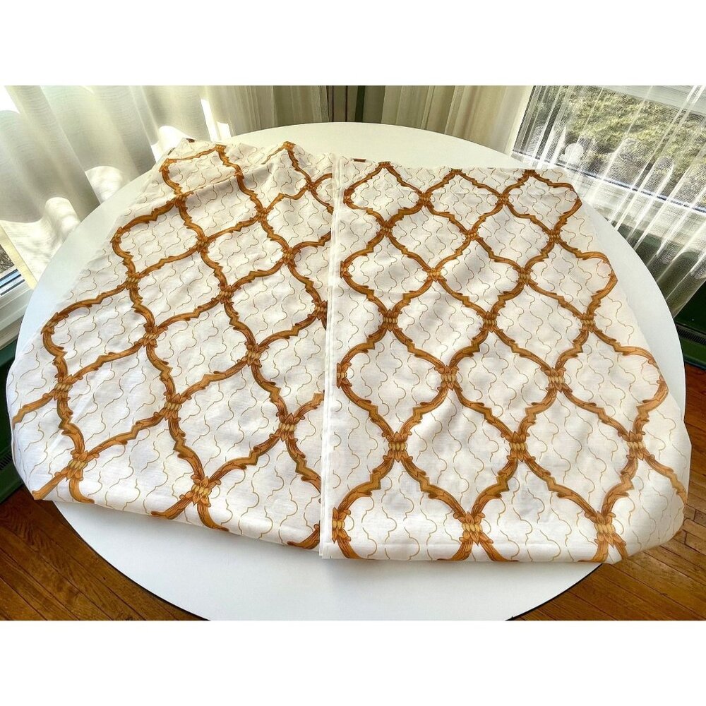 Vintage pair of 80s curtains, yellow gold, white lattice, Hollywood Regency